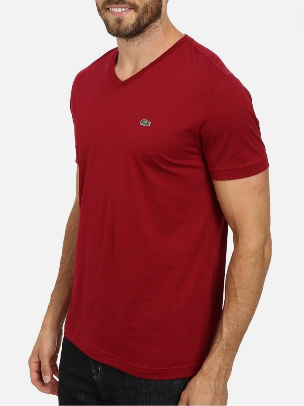LACOSTE Men’s 7 XXL Red V-Neck Short Sleeve 100% Cotton Crocodile Logo Tee EUC